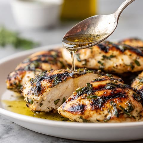 A plate of grilled chicken with a spoon of lemon herb sauce.