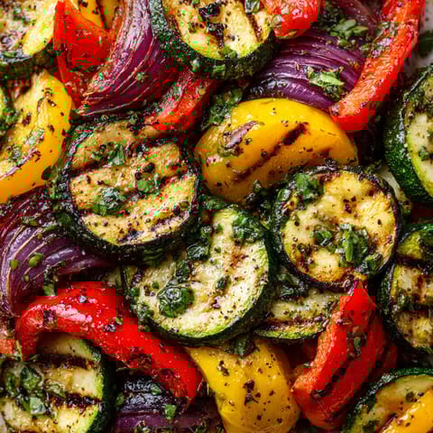 A grilled vegetable platter with herb vinaigrette.