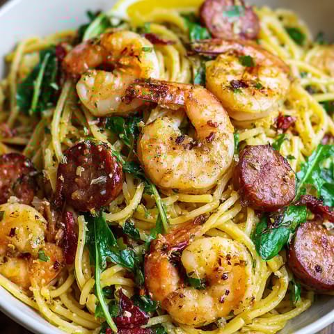 A bowl of shrimp and pasta.