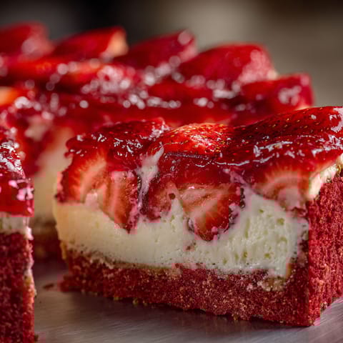 A slice of cake with strawberries on top.