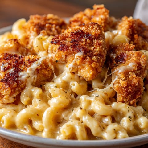 A plate of food with chicken and macaroni.