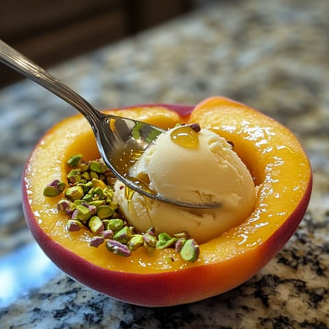 A bowl of peach yogurt sorbet with a spoon in it.