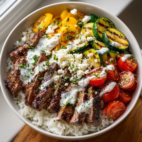A bowl of food with grilled steak, zucchini, tomatoes, and rice.