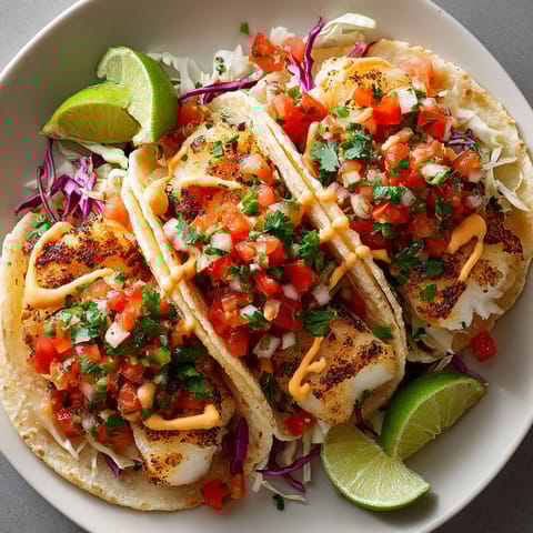Grilled fish tacos with spicy mayo and pico de gallo.