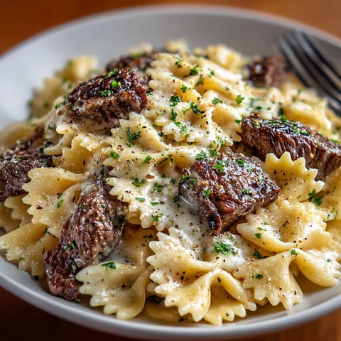 A bowl of beef and bowtie pasta with alfredo sauce.