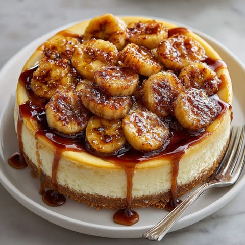 A slice of banana cheesecake with caramel drizzle.
