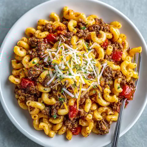 A plate of macaroni and cheese with meat on top.