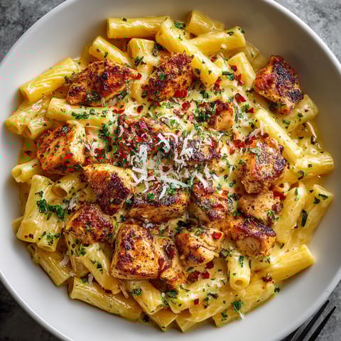 A bowl of spicy cajun honey butter chicken pasta.