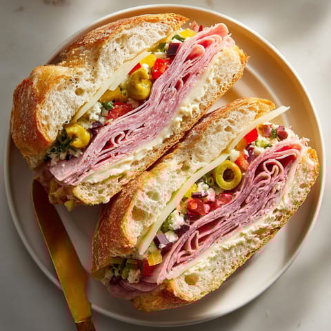 Two halves of a muffuletta sandwich.