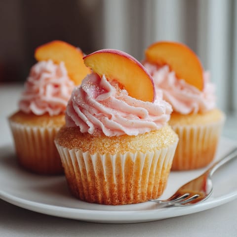 Two cupcakes with peaches on top.