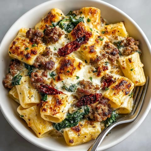 Hearty Creamy Tuscan Sausage Pasta Bake topped with herbs in a rustic casserole dish