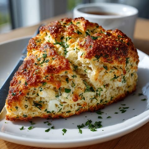 Warm Savory Herb & Feta Scones served with melted butter and a side of herbal tea