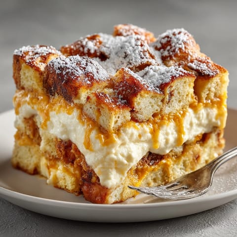 Warm Pumpkin Cream Cheese French Toast Bake served family-style on a rustic breakfast table