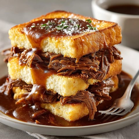 Tender Slow Cooker Beef & Gravy Open-Face Sandwiches topped with savory brown gravy and parsley