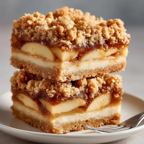 Apple pie crumble bars with buttery streusel topping served on a white dessert plate