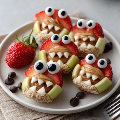 Festive Monster Apple Peanut Butter Bites&amp;mdash;tangy apples, creamy peanut butter, and silly faces.