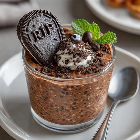 Spooky Halloween treat: dark chocolate Overnight Oats &quot;Graveyard&quot; with cookie tombstones and gummy worms.