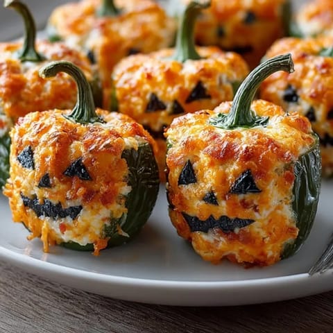 Warm, bubbling Halloween Stuffed Jalape&ntilde;os; savory bacon and cheddar, ready to serve.