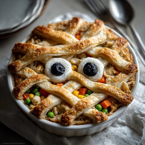 Close-up of a savory Mummy Chicken Pot Pie, steam escaping, ready to eat.