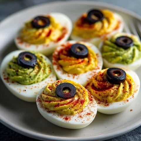 Green Monster Deviled Egg Eyeballs recipe: savory, chill appetizer decorated to look creepy.