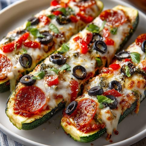 Savory Zucchini Pizza Boats, packed with pepperoni and olives, baking in a hot oven.