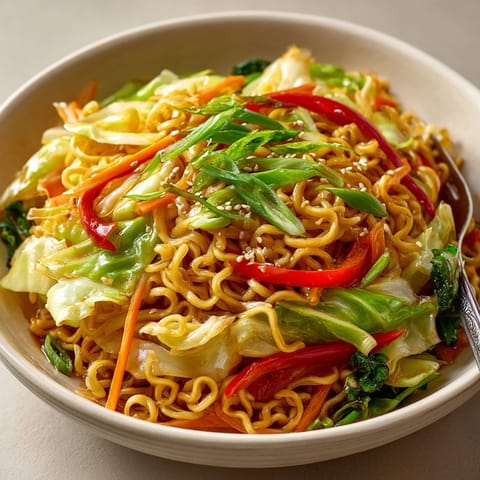 Savory Cabbage Stir Fry with Ramen, a vegetarian Asian-inspired dish, beautifully plated.