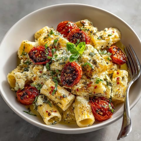 Golden Lazy Girl&amp;rsquo;s Feta Pasta Bake with burst cherry tomatoes&amp;mdash;a simple comforting vegetarian dinner.