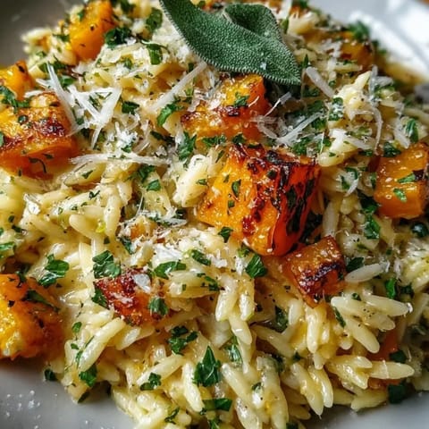 Golden roasted butternut squash shines in this fragrant Orzo with Butternut Squash and Sage.