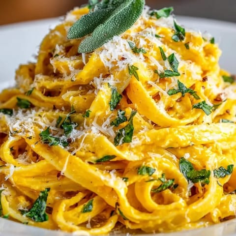 Golden Creamy Pumpkin Sage Pasta twirled on a fork, garnished with fried sage and seeds.