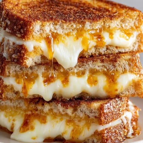 Buttery, toasted Honey Sriracha Grilled Cheese, sliced and ready to enjoy, a sweet-spicy treat.