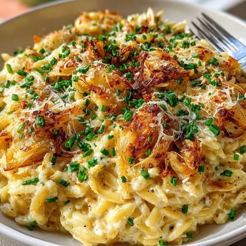 Close-up of savory Orzo with Caramelized Onions and Goat Cheese, a simple vegetarian dish.