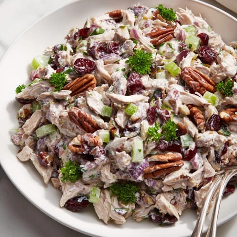 Close-up of delicious Cranberry Pecan Chicken Salad, ideal for lunch or sandwiches.