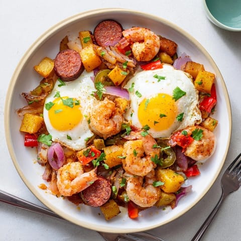 Hearty rustic Shrimp Chorizo Breakfast Skillet, perfect for a weekend brunch served family-style.
