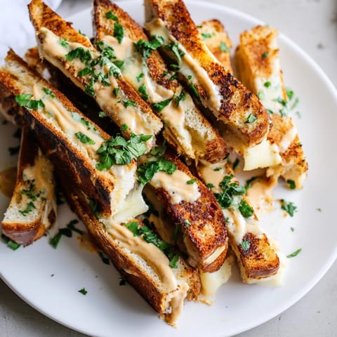 Golden brown Thai Peanut Grilled Cheese Sticks, oozing with melted cheese, ready to dip.