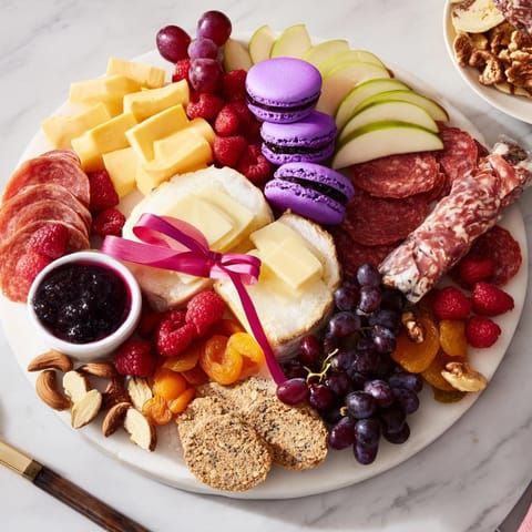 Elegant, artfully arranged Charcuterie Board with Ube Macarons glistening, perfect for a festive appetizer.