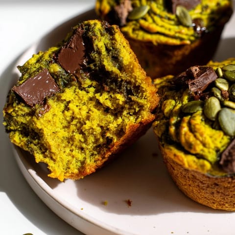 Homemade Vegan Matcha Pumpkin Muffins showcasing their soft texture and vibrant green hue.