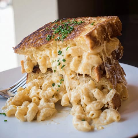 Golden-brown mac and cheese stuffed French toast, indulgent brunch perfect for sharing.  