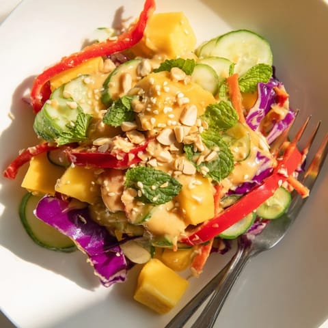 Crisp vegetables and sweet mango in a delightful Thai Peanut Mango Veggie Salad.  