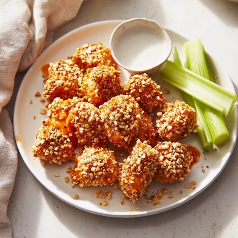 Zesty Spicy Pretzel Crusted Buffalo Bites atop a platter with fresh celery sticks.  