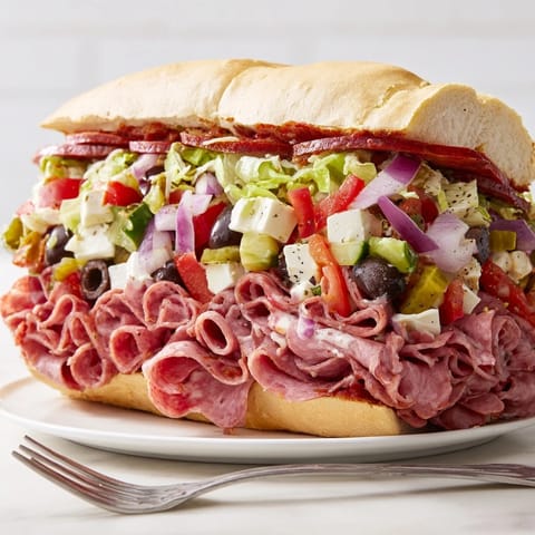 Delectable Flavor Mash-Up Sandwiches boasting layered cheeses, roasted red peppers, and zesty dressing.  