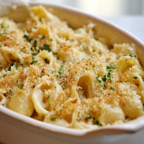 Decadent Truffle Macaroni & Cheese drizzled with oil, featuring a cheesy, rich texture.  