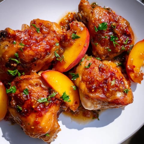 Oven-roasted Sweet & Spicy Peach Glazed Chicken Thighs with caramelized skin and vibrant glaze.  