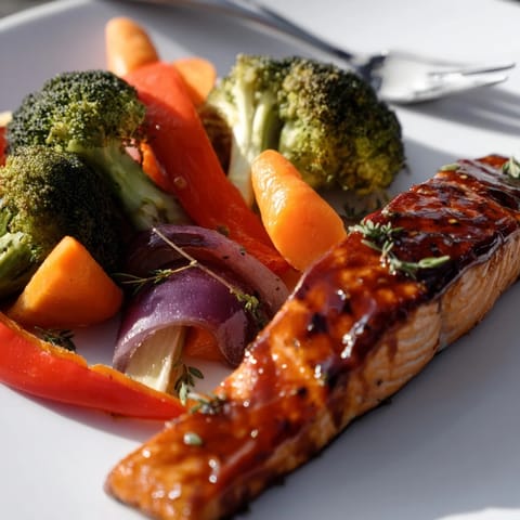 Delectable salmon fillets drizzled with sweet glaze, accompanied by colorful veggies.  