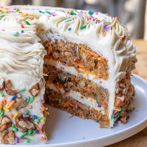 A beautiful slice of Silly Carrot Cake shows off its vibrant carrots, nuts and chaotic frosting.