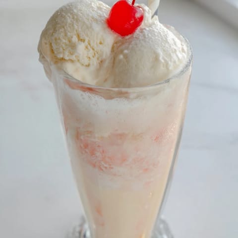 A close-up of a homemade Cream Soda Float, overflowing with ice cream and garnished with a cherry.