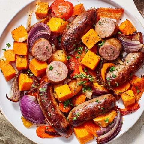 Sheet Pan Roasted Sausage, Squash & Root Vegetables: A delightful American one-pan dinner with savory roasted aromas.