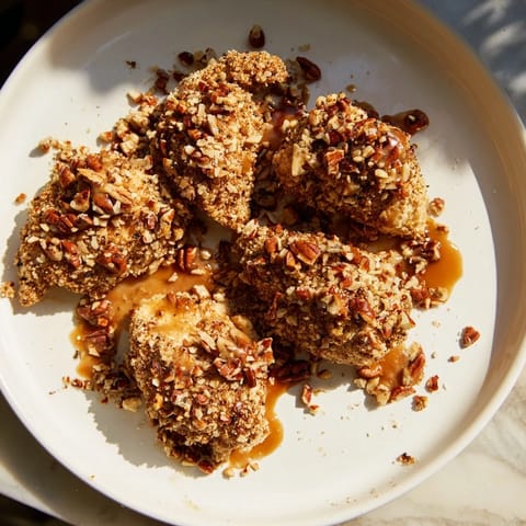 Crispy pecan crust coats these delicious Pecan-Crusted Maple Dijon Chicken Bites, drizzled with a sweet sauce.