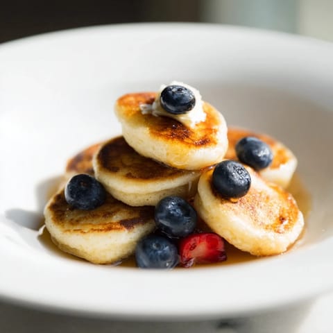 Mini pancake cereal with fresh berries: a visually appealing and delicious morning treat.