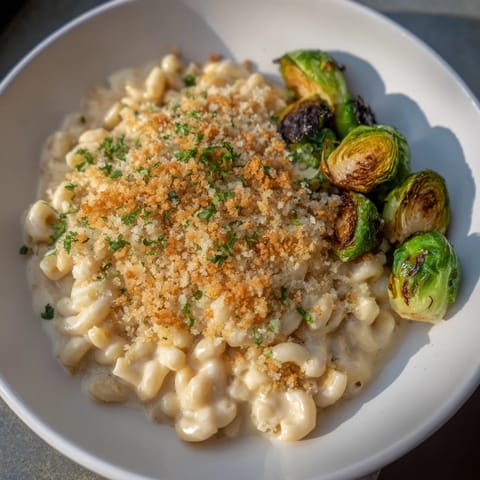 Crispy Brussels sprouts mingle with cheesy sheet pan mac and cheese, baked to perfection.