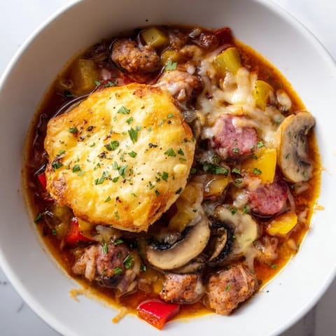 Cheesy Pizza Pot Pie Soup simmering in a pot with beautiful, vibrant vegetables and herbs.
